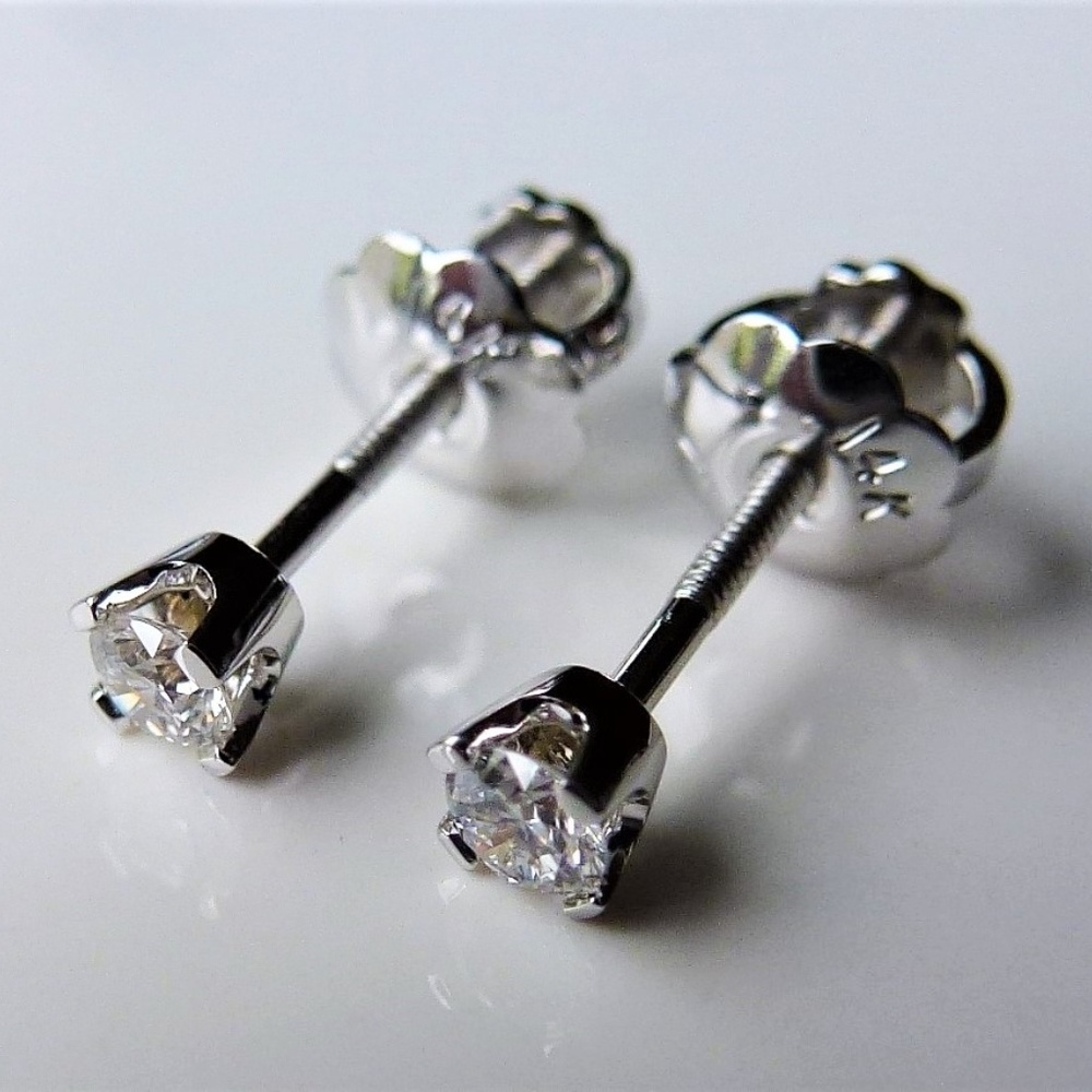 Tiny Genuine Diamond Earrings In Solid 14 K - Picture 3 of 7